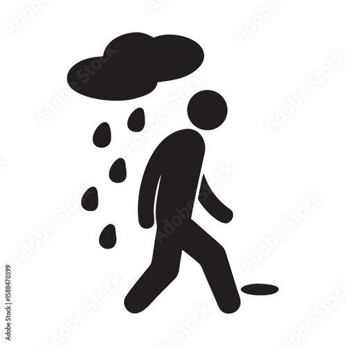 Silhouette walking alone in rain with reflection on street