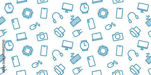 Technology Gadget Seamless Doodle Pattern - Electronic Device Vector Background with Smartphone, Laptop, Computer, Camera, and Modern Tech Designs