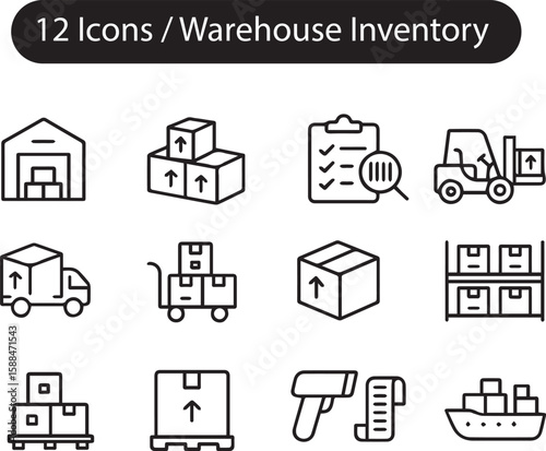 Warehouse & Logistics Silhouette Icon Set | Forklift, Cargo Ship, Barcode, Pallet, Delivery Vector