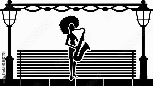 Silhouette of woman playing saxophone on park bench between two street lights at night time scene