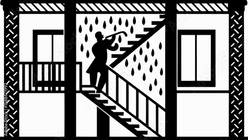 Silhouette of a man playing wind instrument on stairs in the rain between buildings in black and white