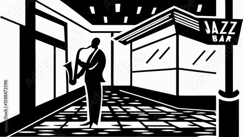 Illustration of a saxophone player outside a jazz bar with black and white contrasting design style silhouette
