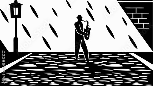 Silhouette of a man playing saxophone under a street lamp in the rain against a brick wall art