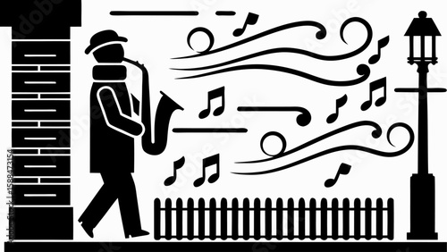 Man playing saxophone near a building with musical notes and a lamppost in black and white image silhouette