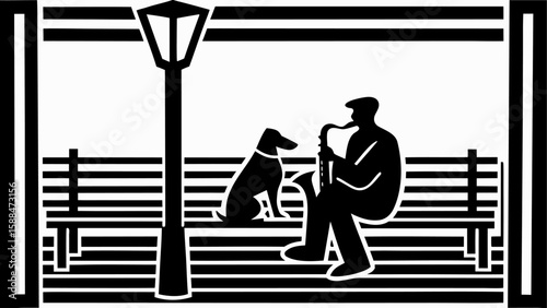 Silhouette of a man playing saxophone with a dog sitting on a bench under a street light in black and white