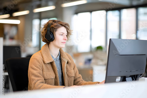 Young woman working in open office. Professional female with neurodiverse traits, representing inclusive work culture and modern workplaces.