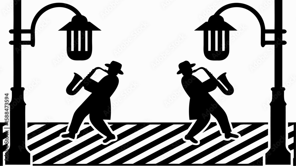 Obraz premium Two silhouettes of jazz musicians playing saxophones under street lamps on a striped surface design