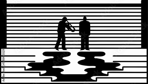 Silhouette of a musician playing trombone to a standing man with horizontal stripes background design