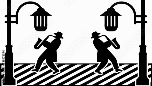 Two silhouettes of jazz musicians playing saxophones under street lamps on a striped surface design