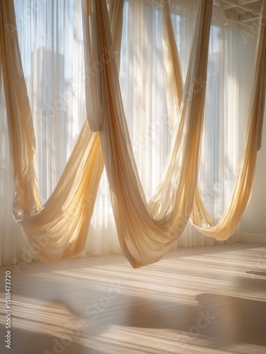 Aerial yoga session indoor studio photography bright natural light artistic angle mindfulness and wellness concept