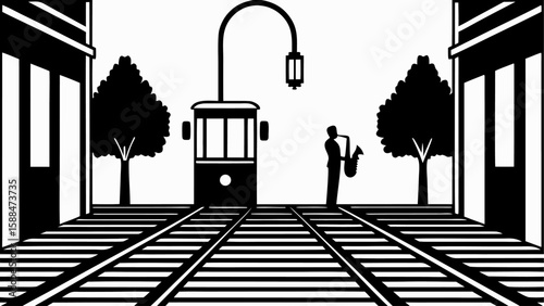 Black and white illustration of a street with a tram, saxophone player and street lamp design silhouette