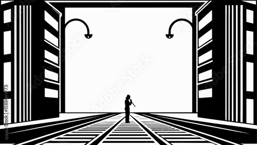 Silhouette of person on train tracks between buildings under streetlights in monochrome style scene