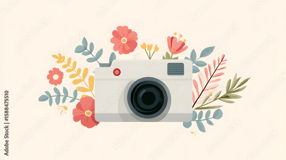 Obraz premium Minimalist mockup of a camera with leaves and pink flowers on white background. Ideal for Photography Day greeting cards, nature-themed visuals, or feminine creative content.
