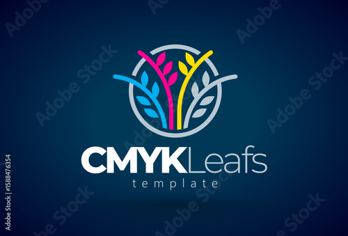 Cmyk Logo. Abstract Tree and Leafs. Printing theme. Template design vector. Black background