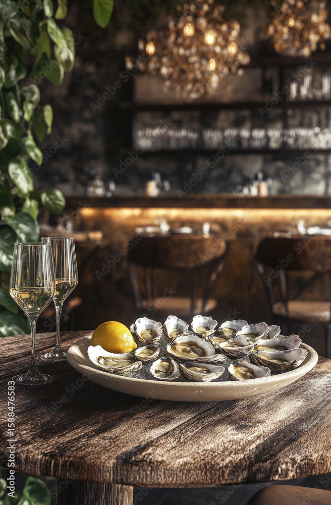 Fototapeta premium Elegant restaurant setting with fresh oysters on ice, lemon, and wine, evoking luxury dining, romance and gourmet seafood experiences in warm ambient light.