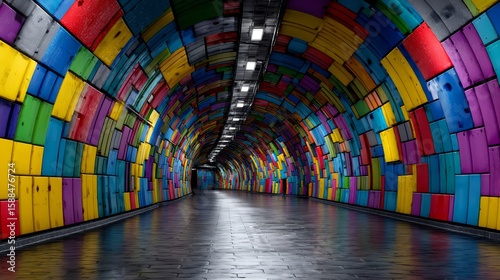 Fototapeta Naklejka Na Ścianę i Meble -  Abstract Rainbow Tunnel with Colorful Geometric Walls and Dark Floor.