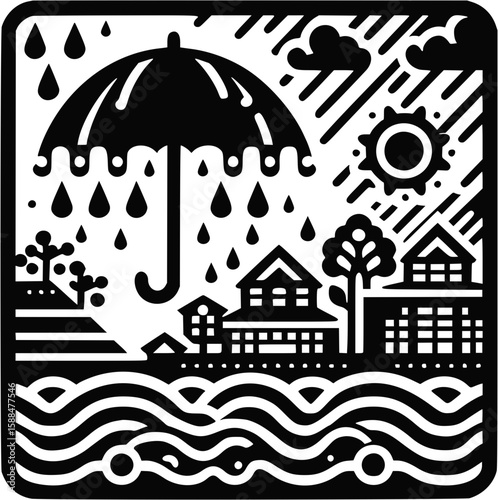 Black and White Urban Umbrella Scene Line Art