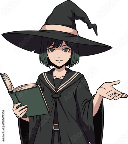 Cool Mysterious Witch Girl with Magic Book, Anime Flat Illustration