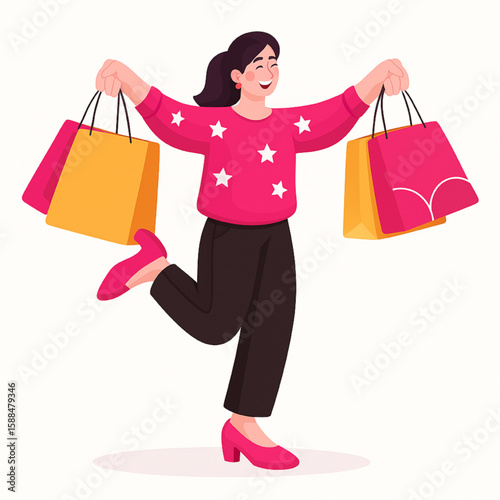 Joyful woman with shopping bags demonstrates consumerism and retail therapy with happiness and excitement after buying items.