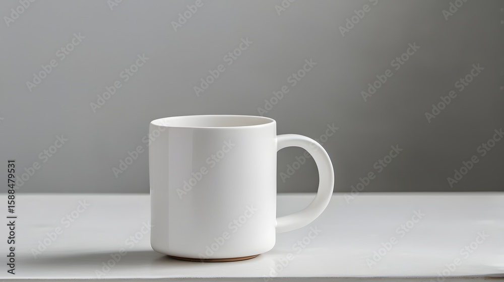 A clean white ceramic mug sits on a bright white surface against a smooth grey background in soft studio light. A clean white ceramic mug sits on a bright white surface against a smooth grey background in soft studio light.