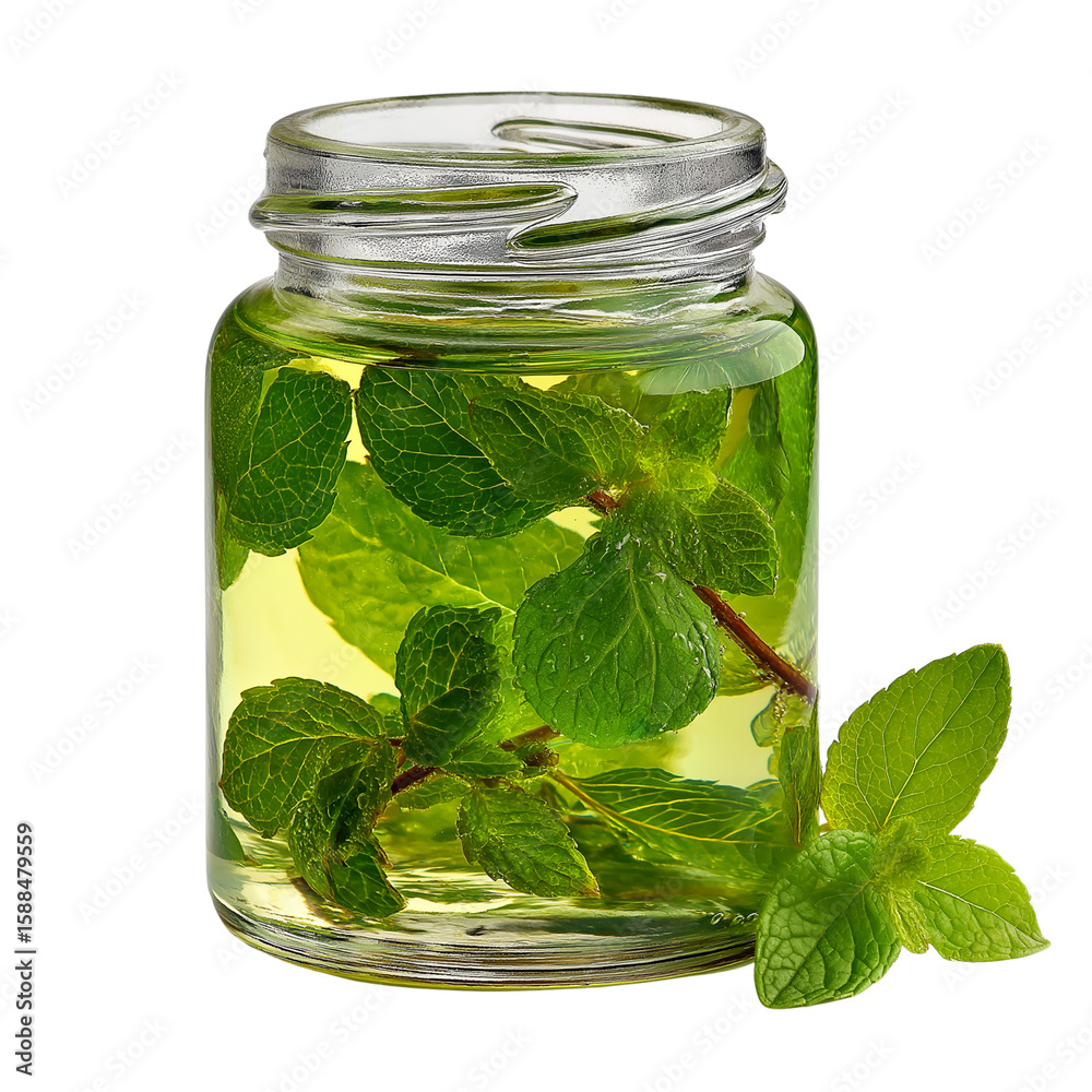 Floating Mint Leaves in Herbal Oil – Clear Cylindrical Glass Jar Isolated on Transparent Background Floating Mint Leaves in Herbal Oil – Clear Cylindrical Glass Jar Isolated on Transparent Background