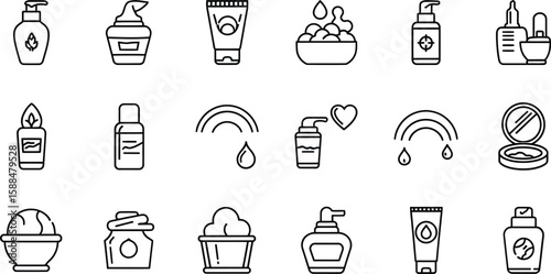 A collection of various cosmetic and skincare product icons arranged in a grid pattern on a white background
