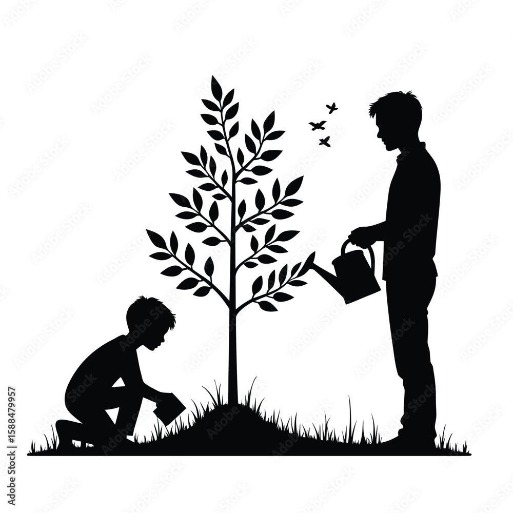 Father and son planting a tree together watering and tending vector Father and son planting a tree together watering and tending vector