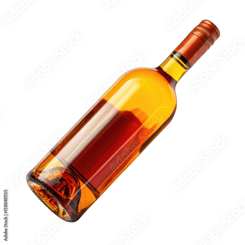 Wine bottle, amber liquid, angled view