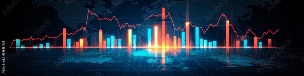 Naklejka premium Stock market analysis with vibrant red and yellow trend lines, blue candlesticks on dark background