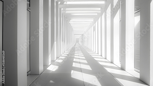 A long, narrow hallway with white walls and white flooring