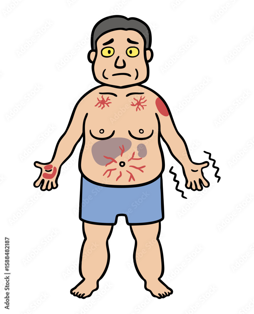 Fototapeta premium 肝硬変の症状を呈する中年男性のイラスト