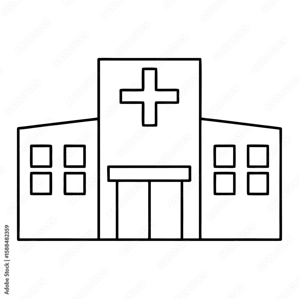 Obraz premium Hospital Building Outline with Cross Vector Illustration for Medical Designs