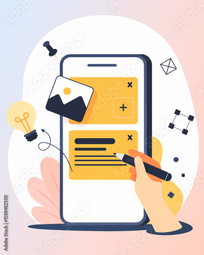 Conceptual illustration showcasing a user interface design process on a mobile phone screen, emphasizing creativity and development.