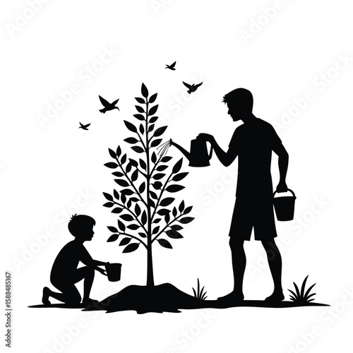 Father and son watering a tree with birds flying silhouette