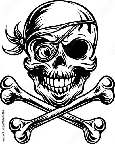 SVG cartoon skull with skeleton elements in bold tattoo style design. Skull and Crossbones with Bandana in Bold Black and White Design