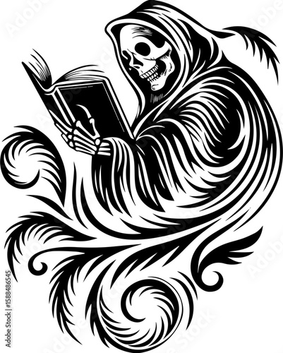 SVG cartoon skull with skeleton elements in bold tattoo style design. Grim Reaper Reading Book with Ornate Swirls and Decorative Elements