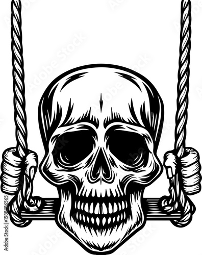 SVG cartoon skull with skeleton elements in bold tattoo style design. Skull on Swing with Rope Detail, Vintage Artwork Concept