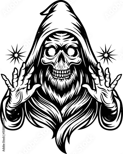 SVG cartoon skull with skeleton elements in bold tattoo style design. Dark Figure of a Skull Wearing Hood with Eerie Energy Surroundings