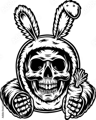 SVG cartoon skull with skeleton elements in bold tattoo style design. Creepy Skull Bunny with Carrot in Black and White Illustration