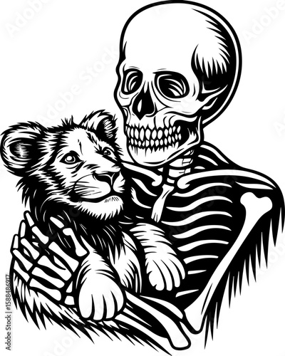 SVG cartoon skull with skeleton elements in bold tattoo style design. Skeleton Holding Baby Lion in Unique and Artistic Design