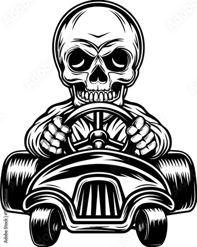 SVG cartoon skull with skeleton elements in bold tattoo style design. Skeleton Driving Toy Car Illustration in Black and White Style