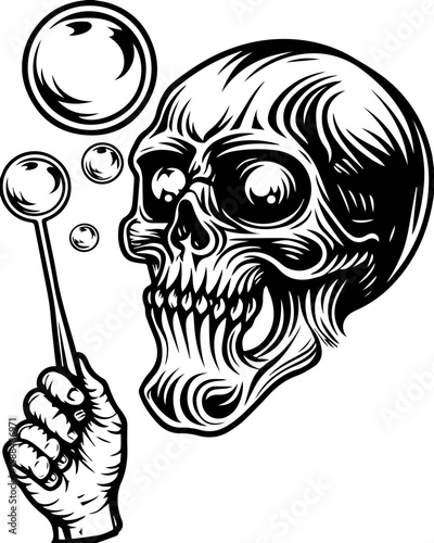 SVG cartoon skull with skeleton elements in bold tattoo style design. Skull Blowing Bubbles in Black and White Illustration Artwork