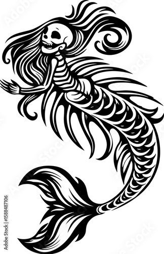 SVG cartoon skull with skeleton elements in bold tattoo style design. Creepy Elegant Skeleton Mermaid with Flowing Hair and Tail Design