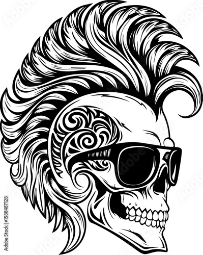 SVG cartoon skull with skeleton elements in bold tattoo style design. Artistic Skull with Mohawk and Sunglasses in Stylized Black Design