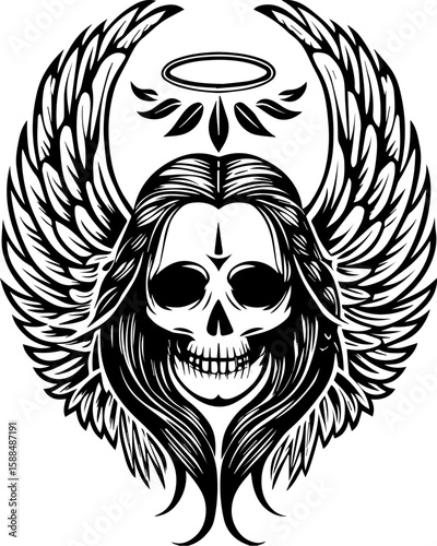SVG cartoon skull with skeleton elements in bold tattoo style design. Winged Skull Design with Halo and Long Hair in Black and White Art