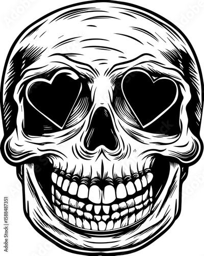 SVG cartoon skull with skeleton elements in bold tattoo style design. Black and White Skull Illustration with Heart-Shaped Eye Details