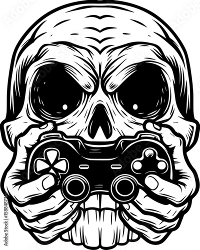 SVG cartoon skull with skeleton elements in bold tattoo style design. Skull with Gaming Controller: A Unique Gaming Inspired Artwork