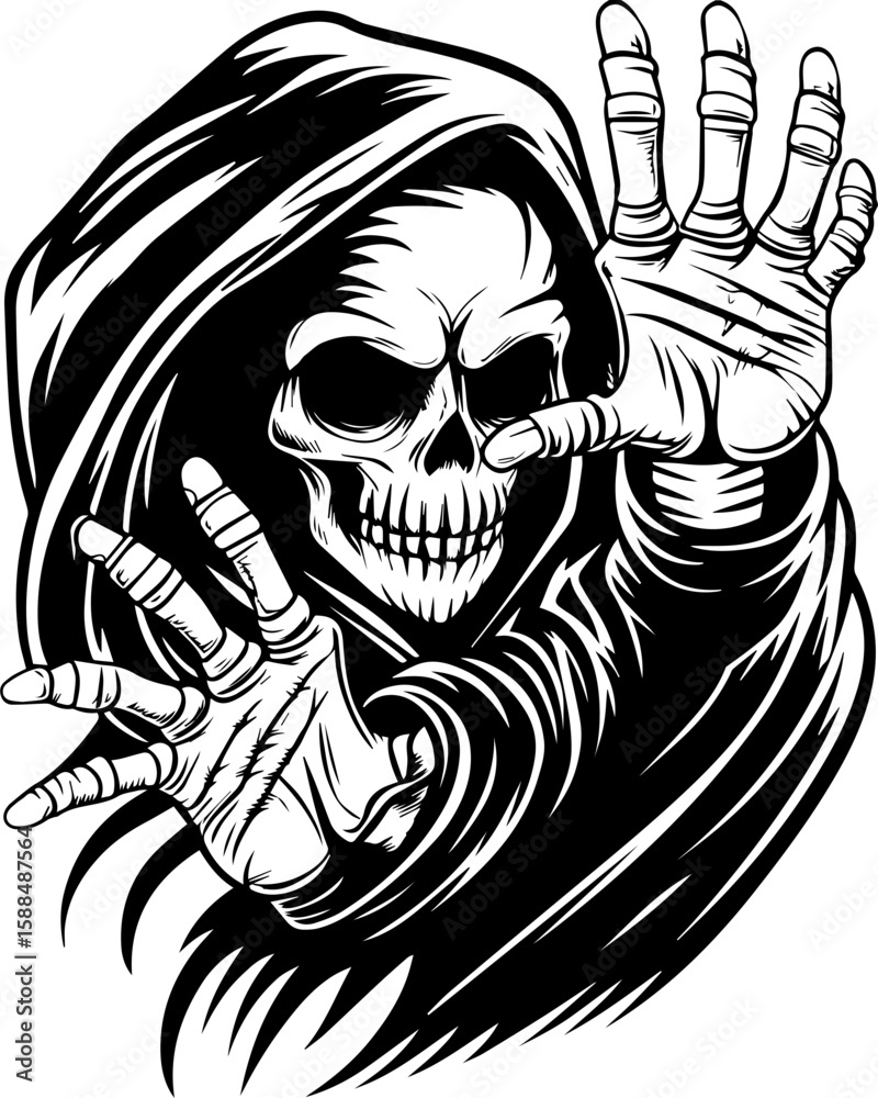 Fototapeta premium SVG cartoon skull with skeleton elements in bold tattoo style design. Grim Reaper with Outstretched Hands in Dark Cloak Illustration