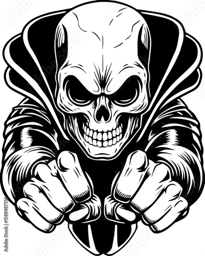 SVG cartoon skull with skeleton elements in bold tattoo style design. Menacing Skull Figure with Outstretched Hands and Dark Cloak