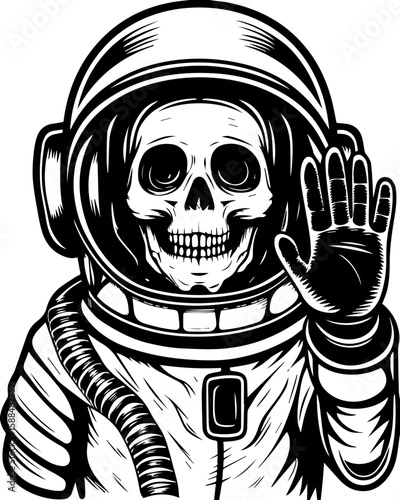 SVG cartoon skull with skeleton elements in bold tattoo style design. Spooky Astronaut Skeleton in Space Suit with Hand Raised